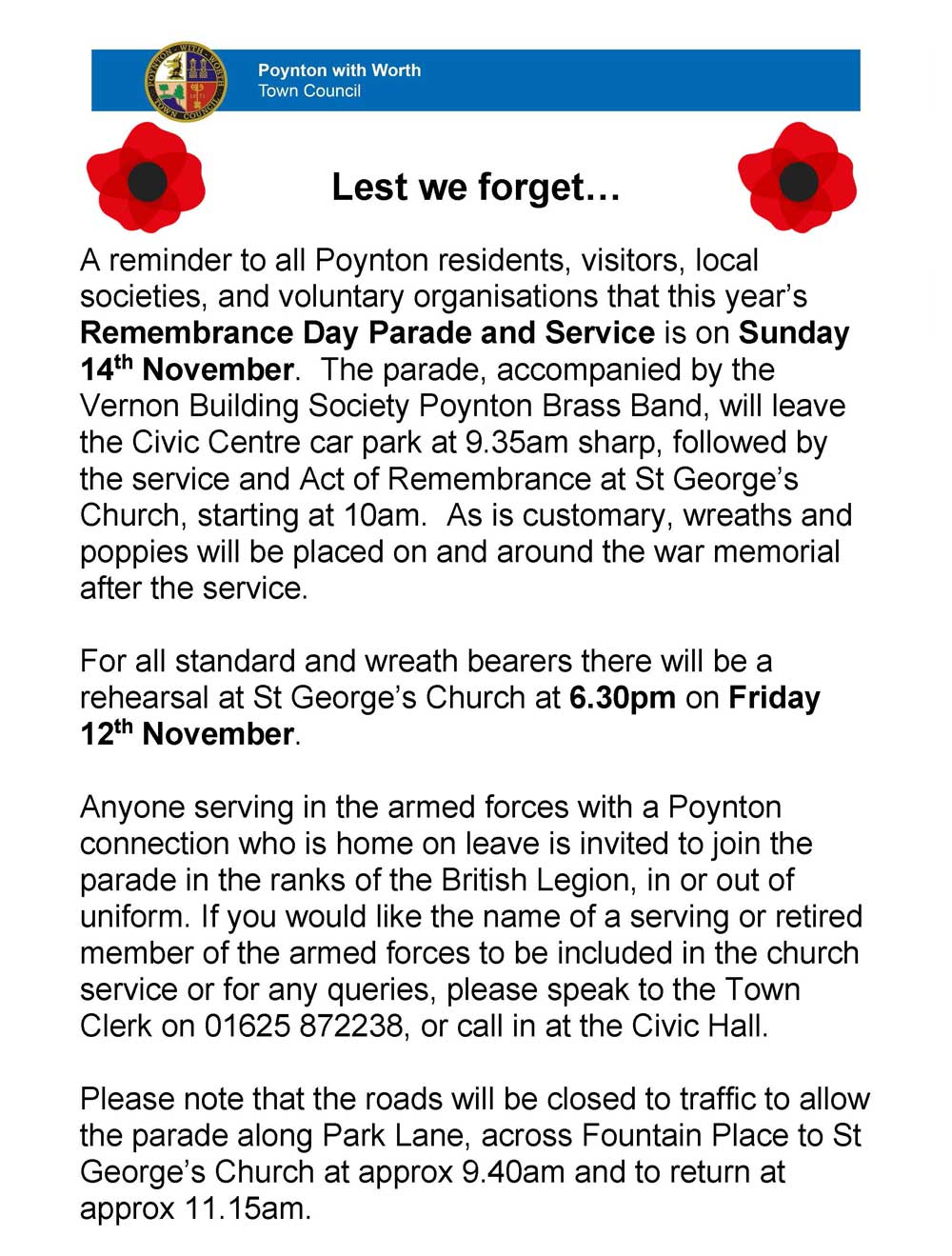 Remembrance Sunday 14th November, Public Notice